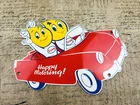 VINTAGE ESSO Boy & Girl HAPPY MOTORING! GASOLINE OIL GAS PUMP PORCELAIN SIGN