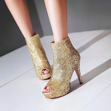 Women's Glitter Peep Toe Zip Ankle Boots Sequin High Heels Club Prom Dress Shoes