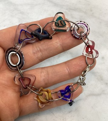 Vintage 925 Sterling Silver Pop Art Glass Heart Star Chain Bracelet 