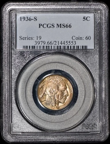 1936-S Buffalo Nickel 5c PCGS MS66 - Nice Toning!