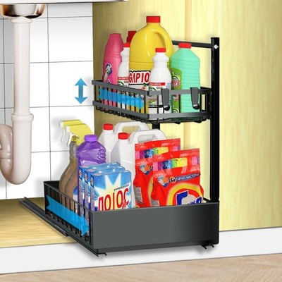 sagetta Black Under Sink Organizers with Sliding Rails Under Kitchen Sink Org...