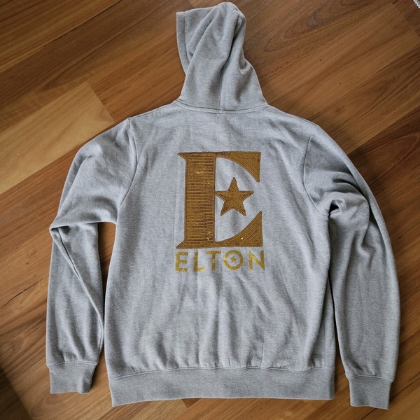 Official Elton John Sequined E Zip Up Hoodie Grey Gold Stars Merch Size L