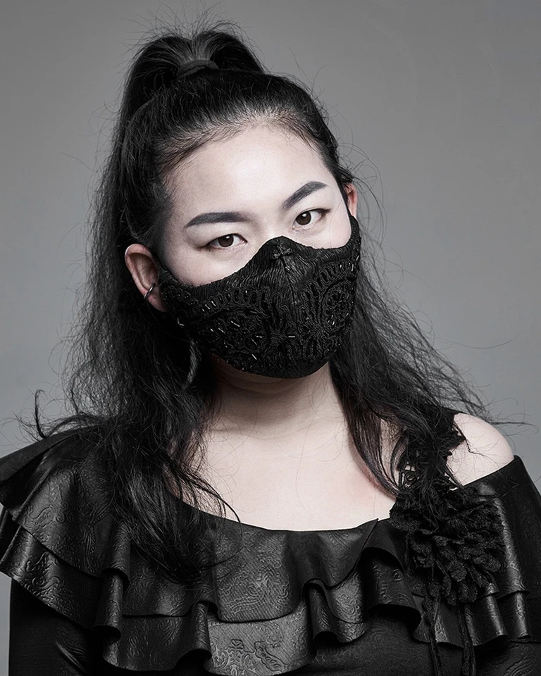 Punk Rave Mens Womens Gothic Steampunk Face Cover Mask Black Beaded Lace Cross - Image 4 of 4