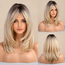 Long Layered Blonde Wigs for Women Synthetic Hair Wig with Bangs Natural Wavy