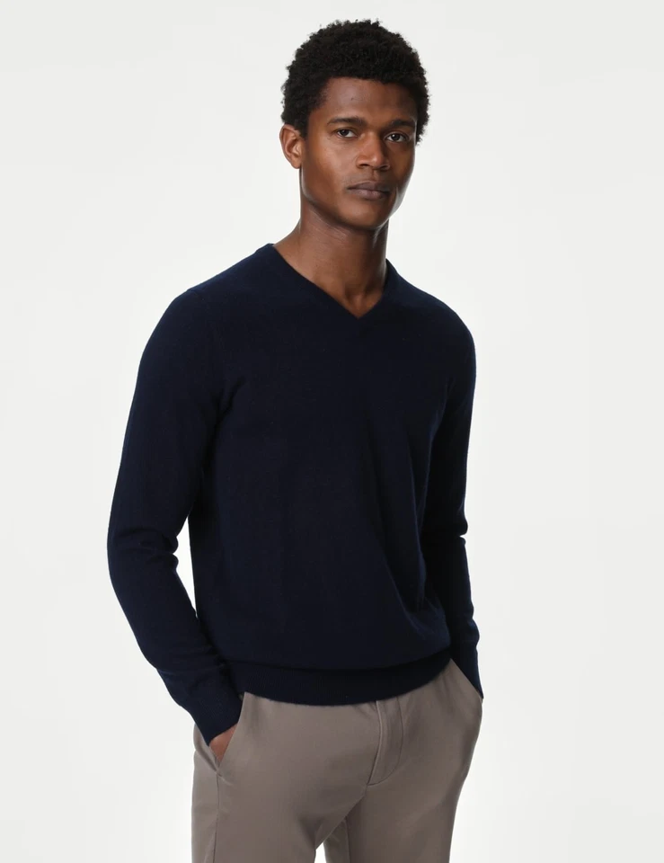 Marks & Spencer Mens Navy Cashmere V-Neck Long sleeved Men Jumper - M&S