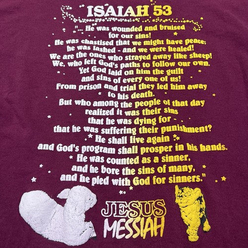 VTG Jesus T-Shirt L The Messiah Lion Lamb Single Stitch Red Isaiah 53 USA Made - Imagen 11 de 14