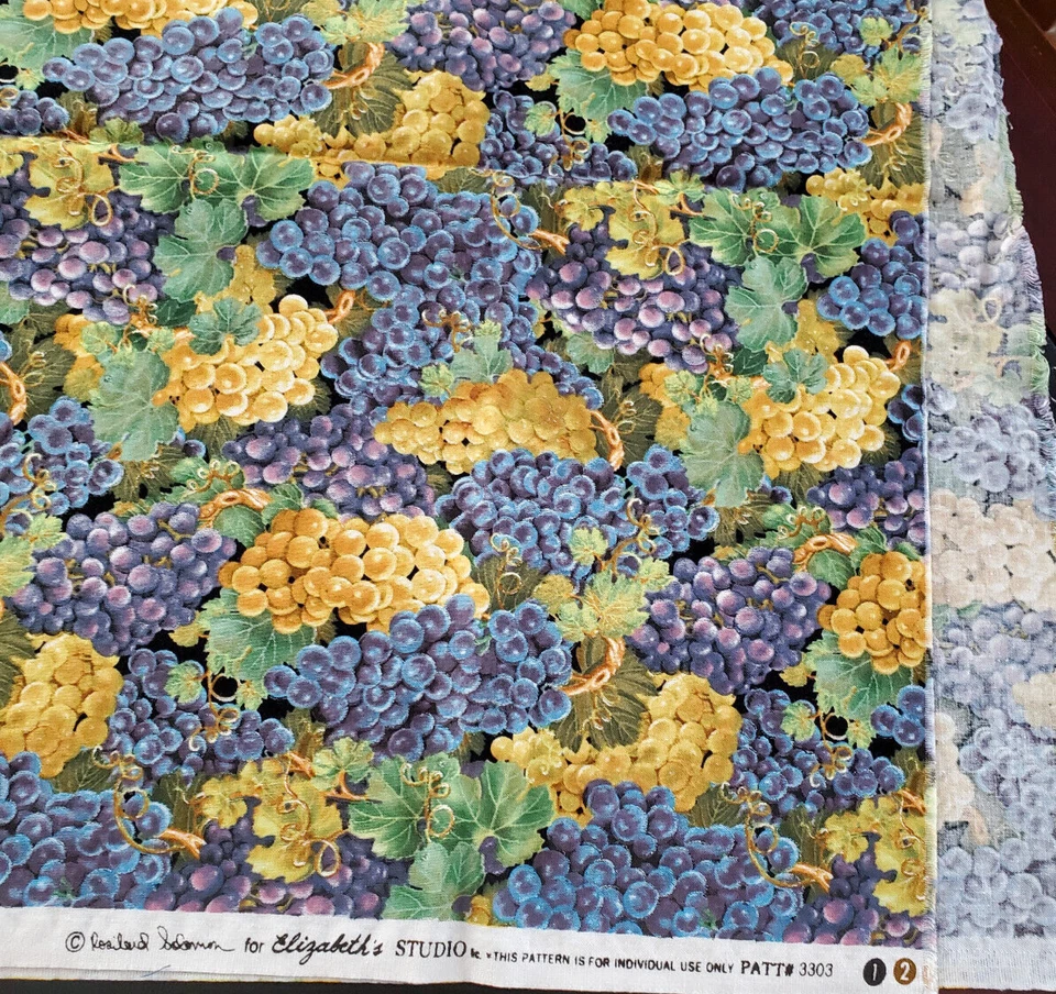 Elizabeth's Studio Fabric #3303 Wine Country Grapes Yellow Purple Blue 32" Piece - Image 4 of 4
