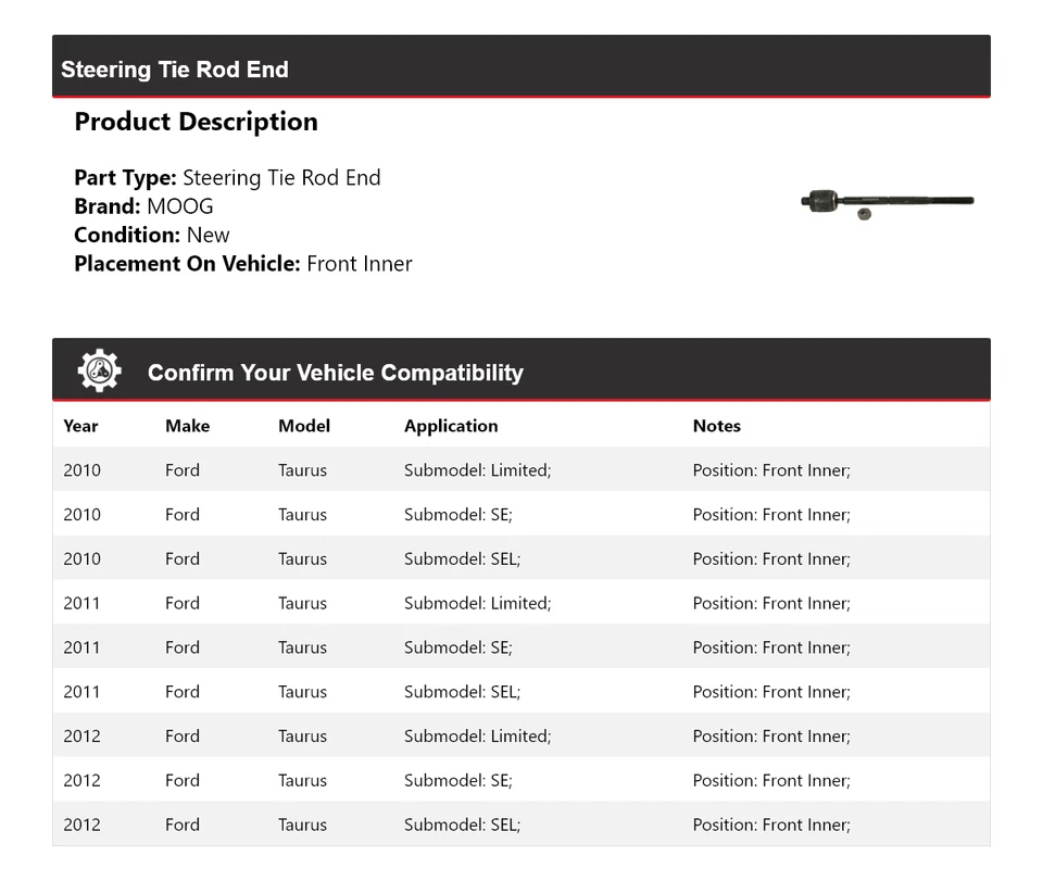 Barra de amarre de dirección interior delantera MOOG 2010 2011 2012 para Ford Taurus 2010-2012 Foto 2 de 4