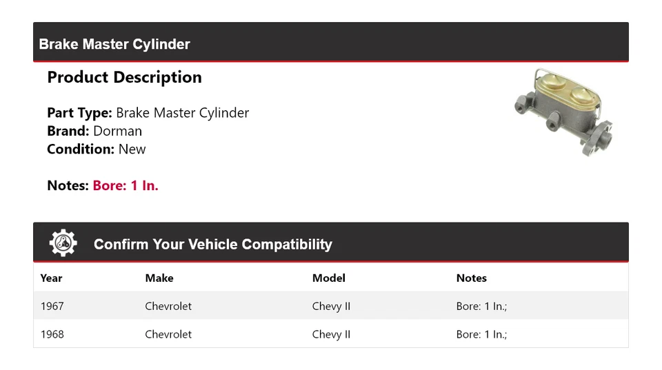 Cilindro maestro de freno Dorman para Chevrolet Chevy II 1967-1968 Foto 2 de 4