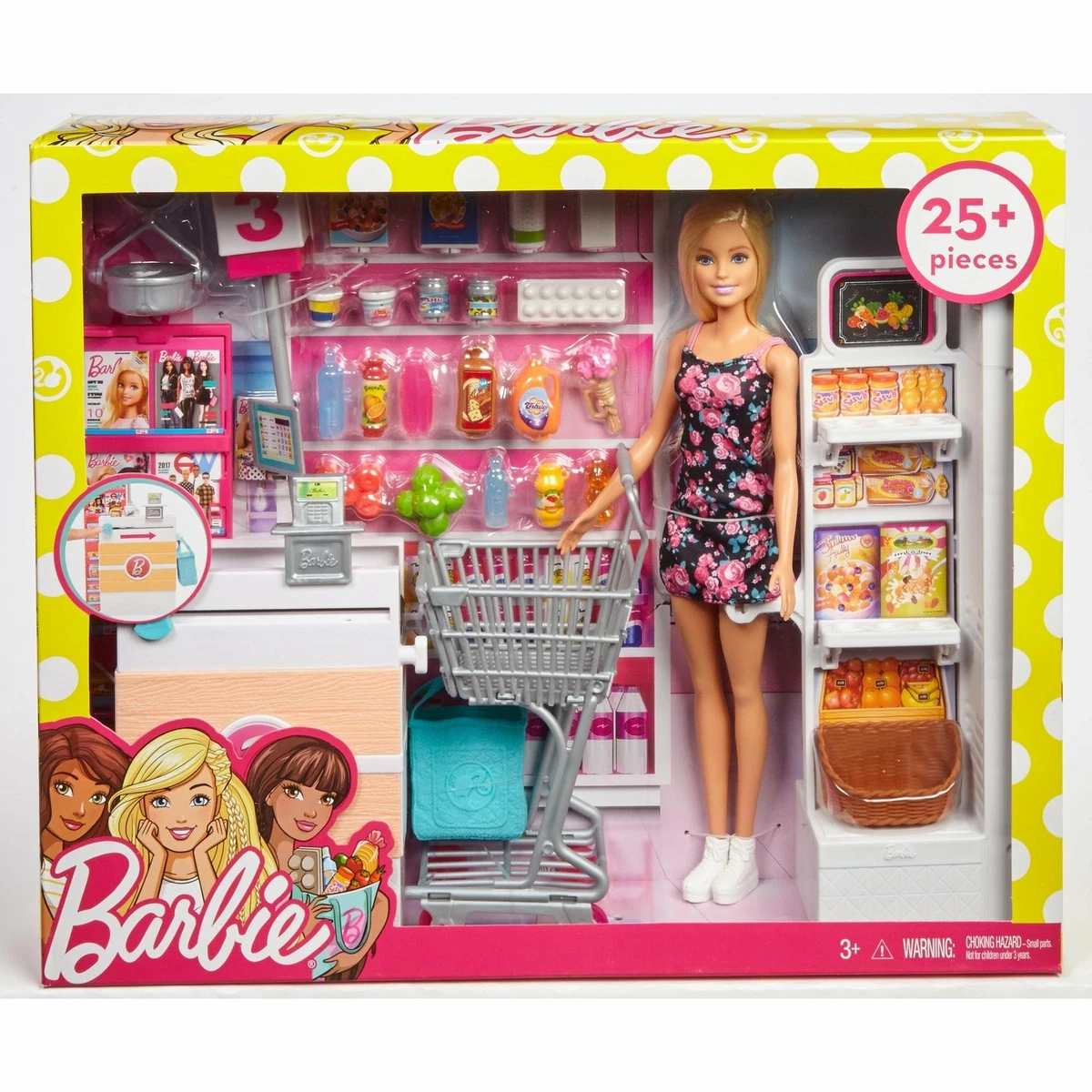 Barbie Supermarket Playset with Blonde Hair Doll 25 Grocery Themed Pieces