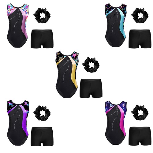 Kids Girl's Leotard With Shorts Set Practice Rompers Exercise Dance Outfit Gym - Picture 3 of 46