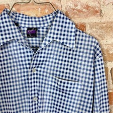 Vintage 70s Joel California Blue White Checked Disco Polyester Shirt Size Medium