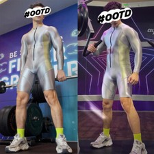 AMORESY Men Shiny Glossy Tracksuits Jumpsuits Oil Bodysuit Tights Overalls Suits