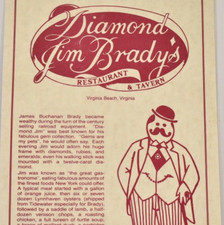 1988 Diamond Jim Brady's Restaurant Tavern Menu Laskin Road Virginia Beach VA