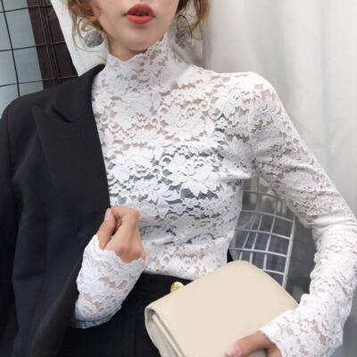 Women Turtleneck Blouse Floral Lace Long Sleeve Tops Hollow Sheer
