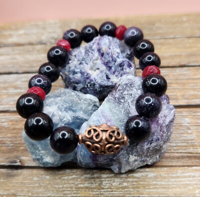 Blue Goldstone, Red Jade, and Copper Beaded Bracelet