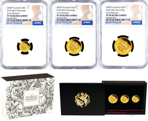 3-Coin Set 2025 Australia Quarter+Half+One Sovereign GOLD $5 $15 $25 NGC PF70 E