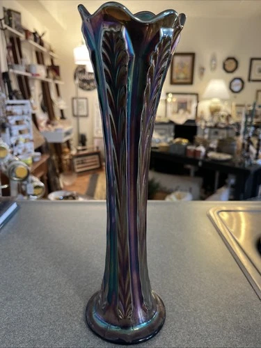 Fenton Plume Panels Blue Iridescent Carnival Glass Vase
