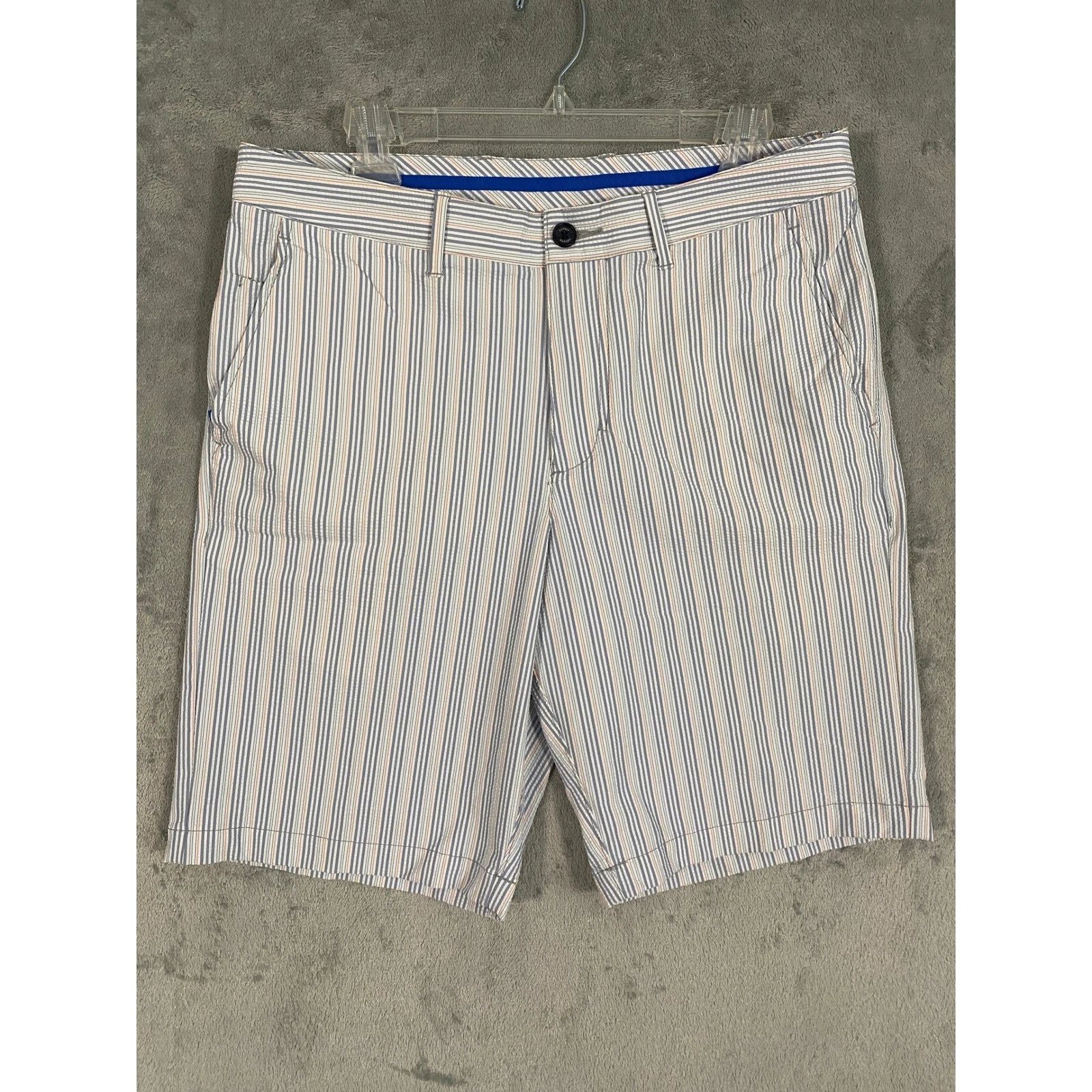 Tommy Bahama Shorts Sz 32 Blue Orange Stripe Seersucker Quick Dry Coastal Golf