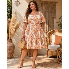 381. Boho Womens 1X Damask Floral Belted Midi Dress Short Sleeve Vacation