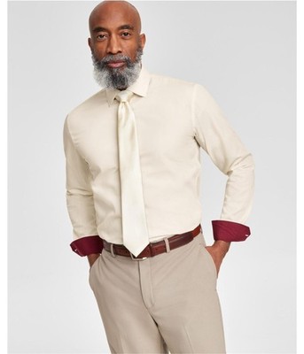 Tayion Collection Mens Creme Button Down Dress Shirt, creamred, 17-17.5 Neck