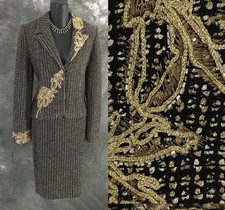 BEAUTIFUL St John evening knit black gold embellished jacket skirt suit size 4