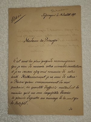 1872 Signed Letter Count von Brandenstein to Princess Declines Hatzfeldt Wedding