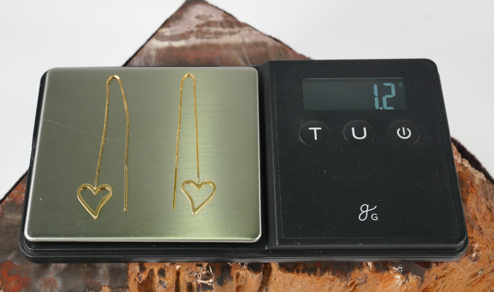 14K Solid Yellow Gold Heart Threader Dangle Earri… - image 1