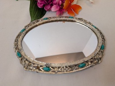 Vintage Silver Oval Vanity Mirror Stone & Crystal Accent on Filigree Frame 8''x6''