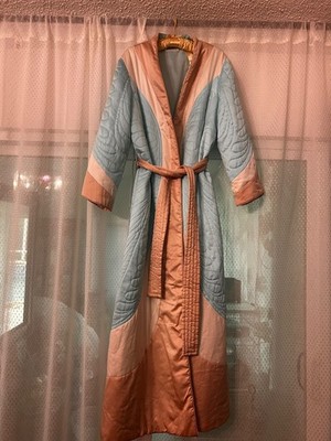 Vintage Christian Dior Lounge Wear Robe   Long Pastel Blue & Pink Belted Robe