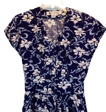 MS. CHAUS VINTAGE size XS Summer Dress Blue Hibiscus Hawaiian Print Tea Length