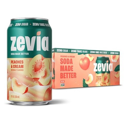 Zevia Zero Sugar Soda, Peaches and Cream, 12 oz Cans (8-Pack)   Caffeine Free,