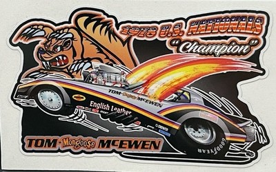 ''VRHTF NHRA TOONS ''TOM THE MONGOOSE MCEWEN'' MONGOOSE FUNNY CAR'' 3'' X 4'' STICKER''