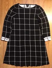 Adrienne Vittadini L Black & White Plaid / Check Knit Sweater Dress A-Line Midi