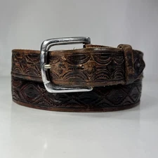 Very Worn Brown Tooled Leather Western Belt - Men's Size 40