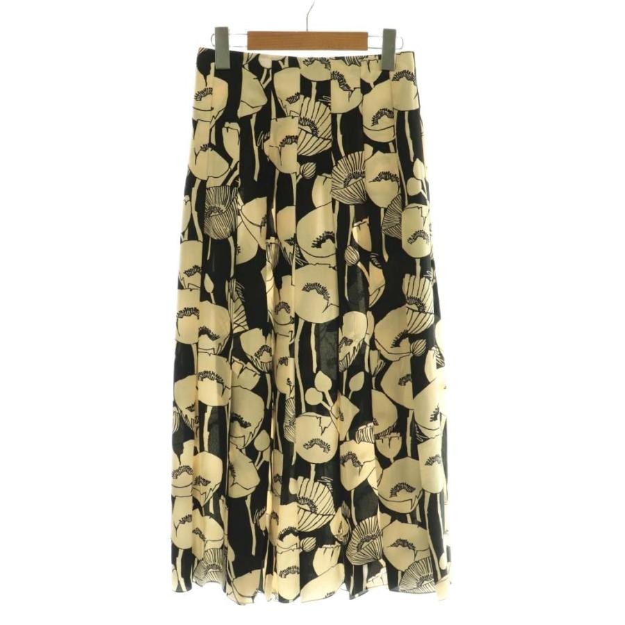 Gucci Silk Floral Print Pleated Long Skirt Flare 36 Black Beige Women's