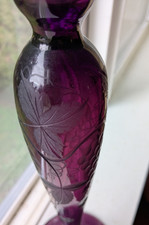 14" PAIRPOINT AMETHYST VINTAGE BLOWN GLASS CANDLESTICKS~ENGRAVED GRAPES & LEAVES