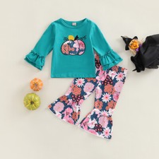 NEW Pumpkin Long Sleeve Shirt Bell Bottoms Girls Halloween Outfit Set