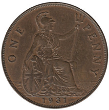 1931 George V Penny – 5+C Variety – UK Coin