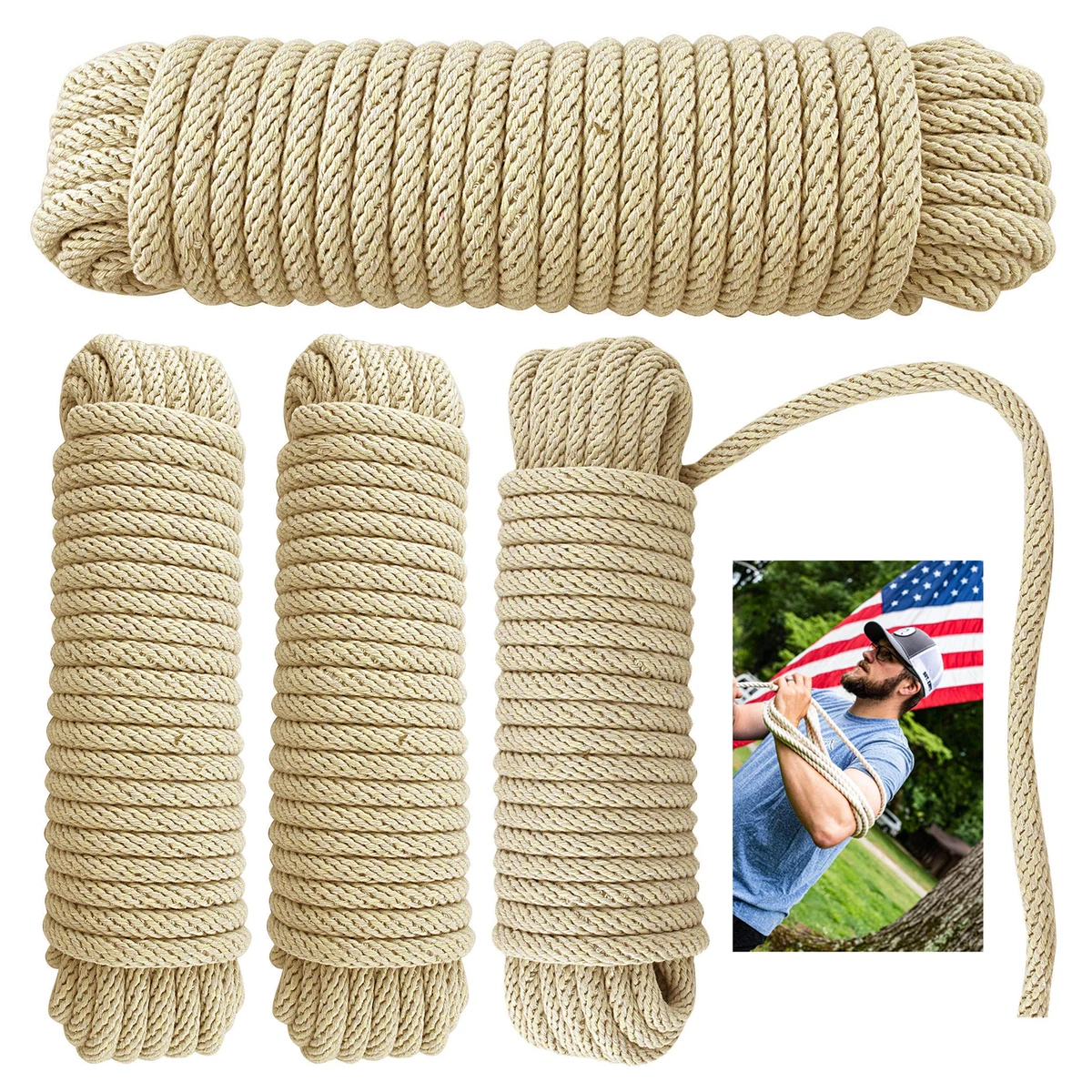 4 Pc 50FT Solid Twisted Cotton Rope 3/8 Thick Strong 150 lbs Load Boat  Camping