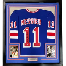 Framed Autographed/Signed Mark Messier 33x42 New York Blue Hockey Jersey JSA COA