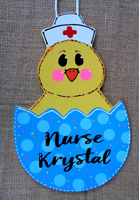 Personalized NURSE CHICK EGG Spring Easter  SIGN NAME Door Hanger Plaque School