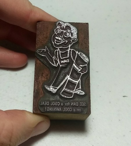 Vintage Letterpress Printing Block Dan Wearing Overalls Awning Advertising - Picture 1 of 4