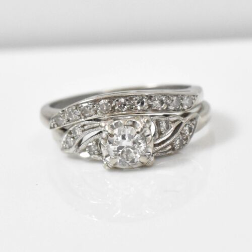 Vintage 14K White Gold 1/3cttw Natural Diamond Wedding Set 3.8G SZ 6 - Picture 3 of 8