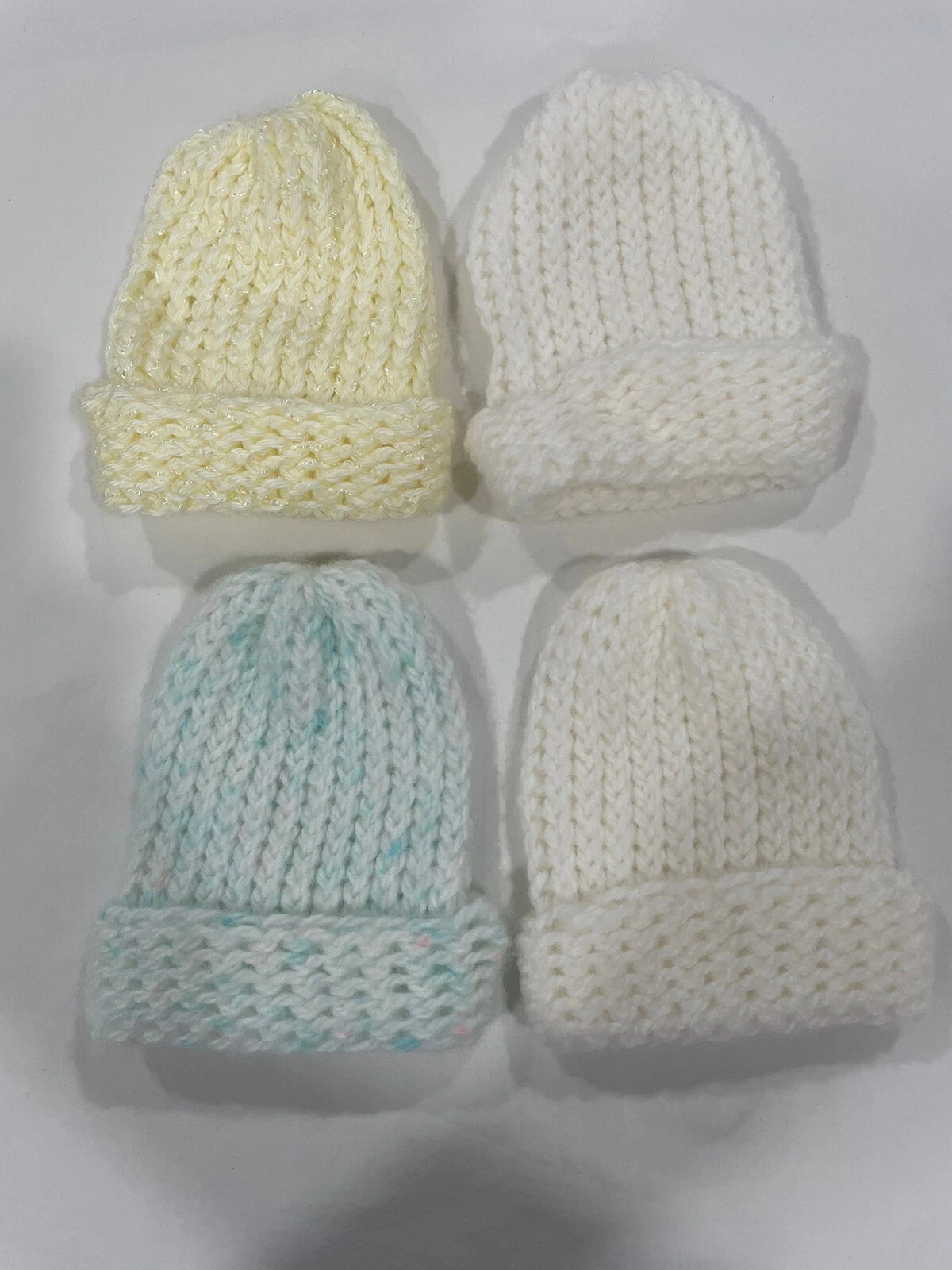 4 Handmade Crochet Baby Newborn 0- 3 months Blue,white,cream Beanie Hats