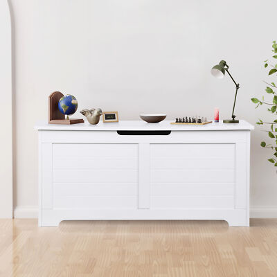 39.4'' White Storage Trunk Toy Box Organizer Bench Wooden Chest w/2 Safety Hinges