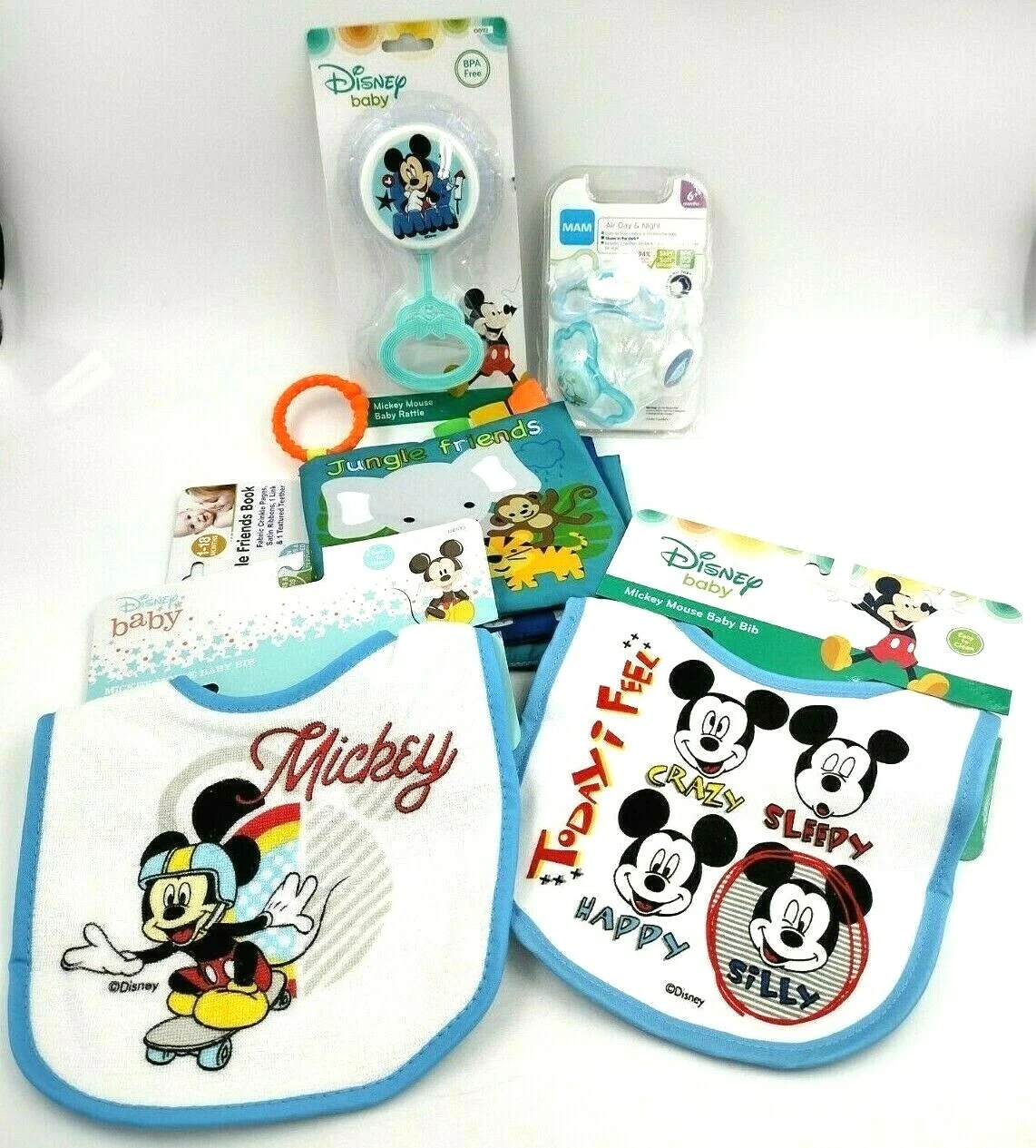 Baby Starter Pack Lot of 5 Items Disney Mickey Baby Raddle Bibs Pacifier crinkle