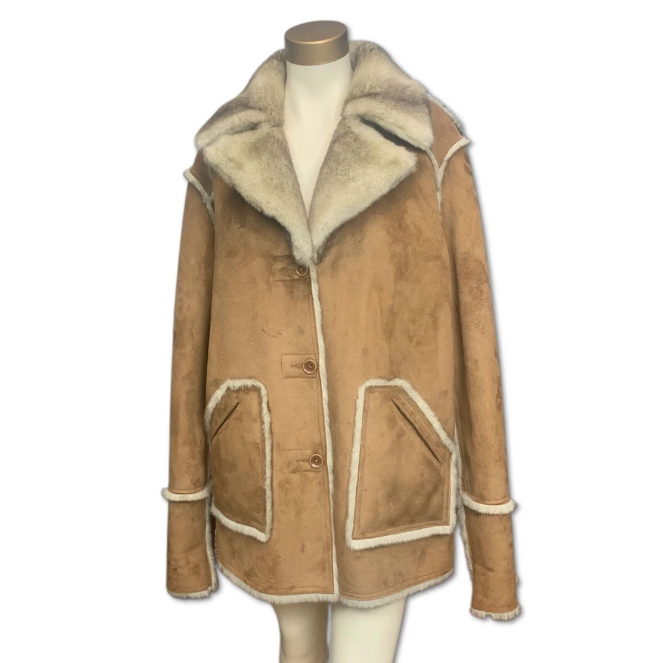 Abrigo Dennis Basso Reversible Gamuza Imitación Piel Tostado/Crema/Marrón Rayas Talla XL