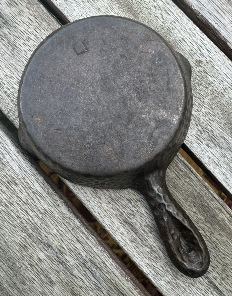 Vintage Miniature Marked Cast Iron Hammered Skillet 5” x 3” Salesman Sample ?