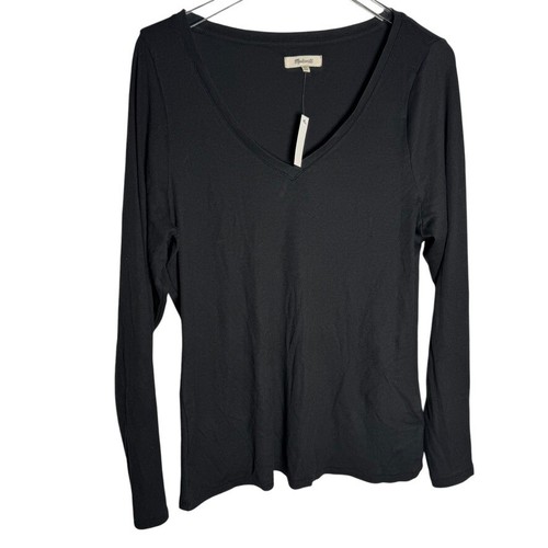MADEWELL Brightside Finerib schwarzes Langarmshirt mit V-Ausschnitt Damengröße 2X neu mit Etikett